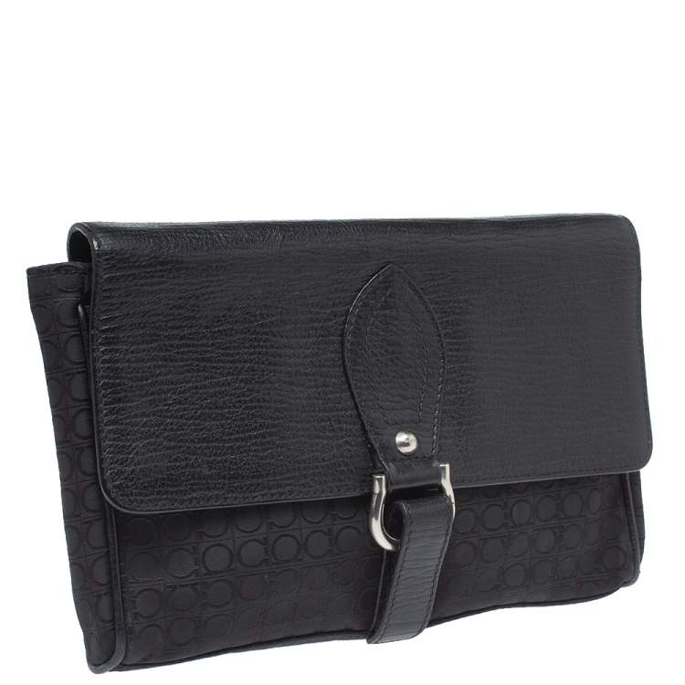 Pre Owned Salvatore Ferragamo Black Gancio Print Fabric and Leather Velcro Strap Flap Wristlet Clutch