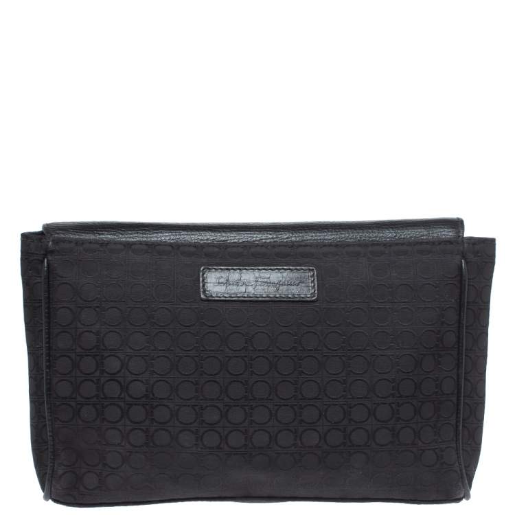 Pre Owned Salvatore Ferragamo Black Gancio Print Fabric and Leather Velcro Strap Flap Wristlet Clutch