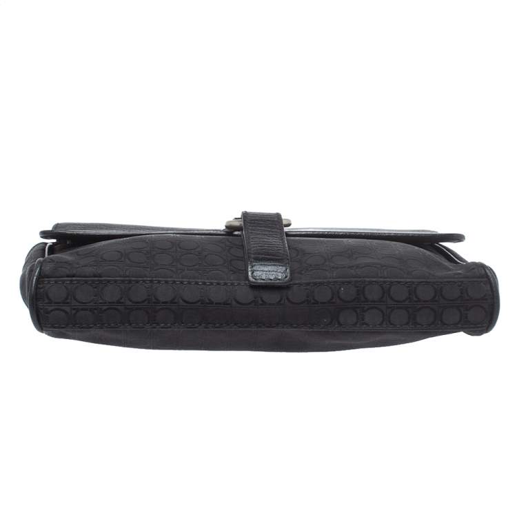 Pre Owned Salvatore Ferragamo Black Gancio Print Fabric and Leather Velcro Strap Flap Wristlet Clutch