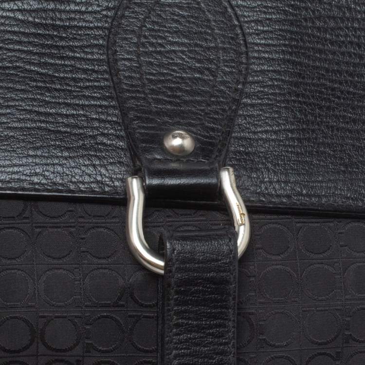 Pre Owned Salvatore Ferragamo Black Gancio Print Fabric and Leather Velcro Strap Flap Wristlet Clutch