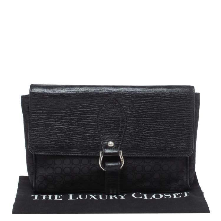 Pre Owned Salvatore Ferragamo Black Gancio Print Fabric and Leather Velcro Strap Flap Wristlet Clutch