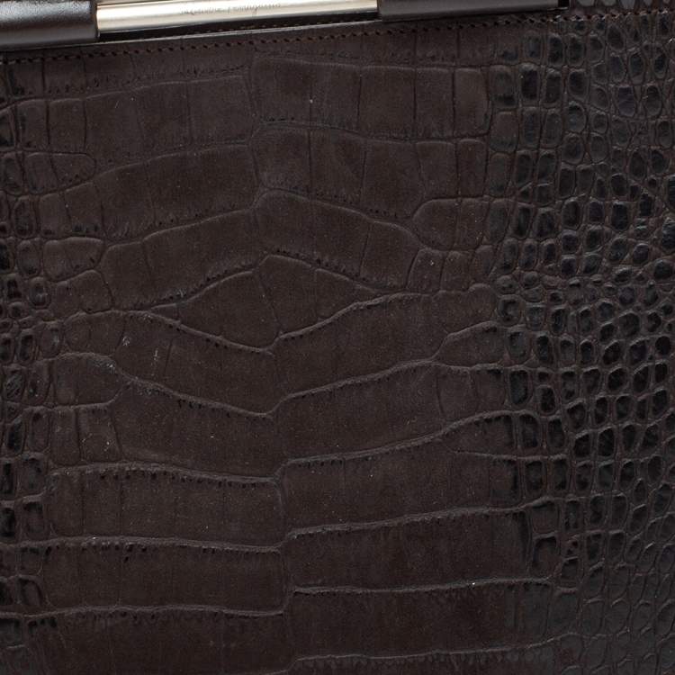 Pre Owned Salvatore Ferragamo Dark Brown Croc Embossed Nubuck Leather Gancio Handle Tote