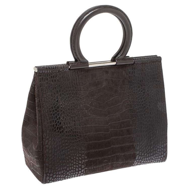 Pre Owned Salvatore Ferragamo Dark Brown Croc Embossed Nubuck Leather Gancio Handle Tote