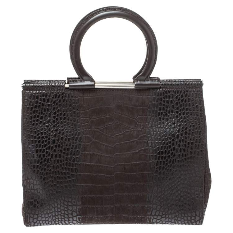 Pre Owned Salvatore Ferragamo Dark Brown Croc Embossed Nubuck Leather Gancio Handle Tote