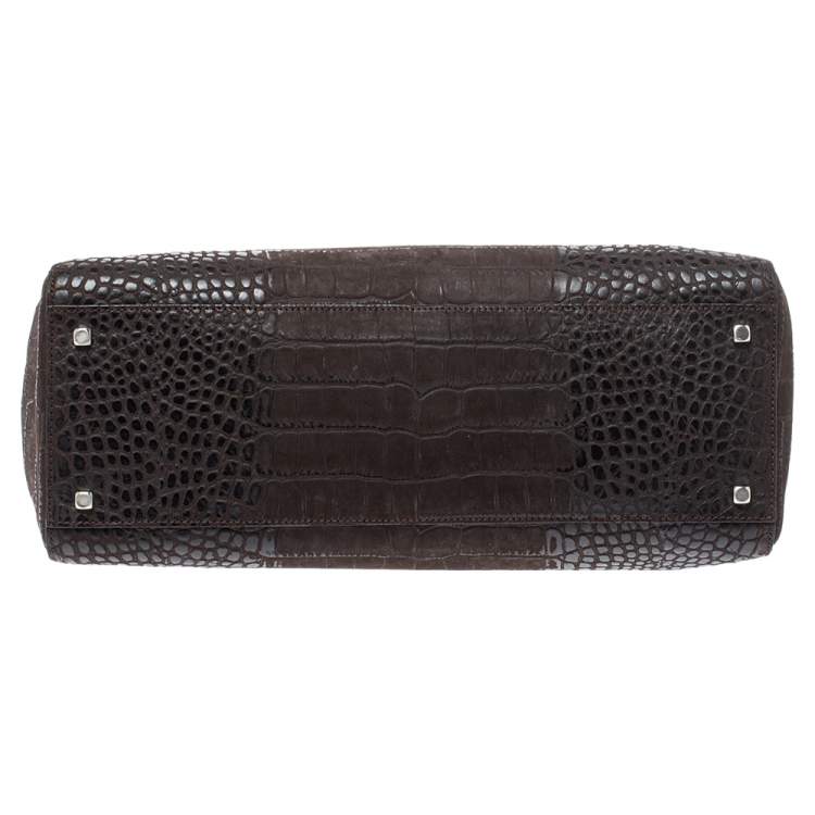 Pre Owned Salvatore Ferragamo Dark Brown Croc Embossed Nubuck Leather Gancio Handle Tote