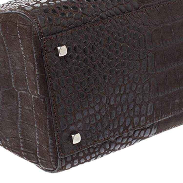 Pre Owned Salvatore Ferragamo Dark Brown Croc Embossed Nubuck Leather Gancio Handle Tote