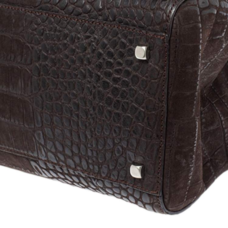 Pre Owned Salvatore Ferragamo Dark Brown Croc Embossed Nubuck Leather Gancio Handle Tote