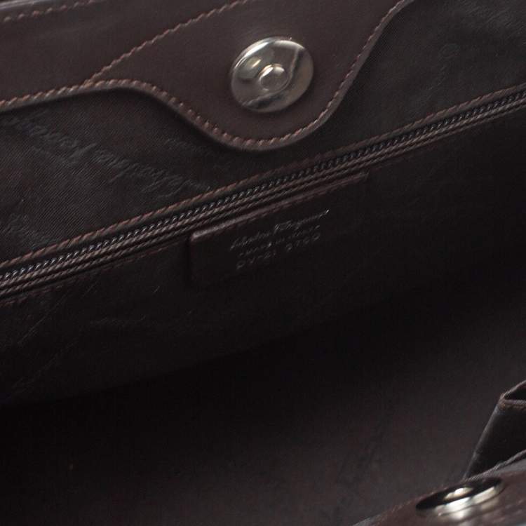 Pre Owned Salvatore Ferragamo Dark Brown Croc Embossed Nubuck Leather Gancio Handle Tote