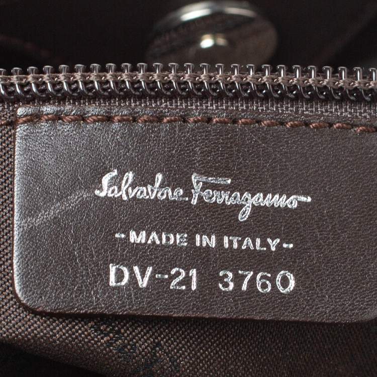 Pre Owned Salvatore Ferragamo Dark Brown Croc Embossed Nubuck Leather Gancio Handle Tote