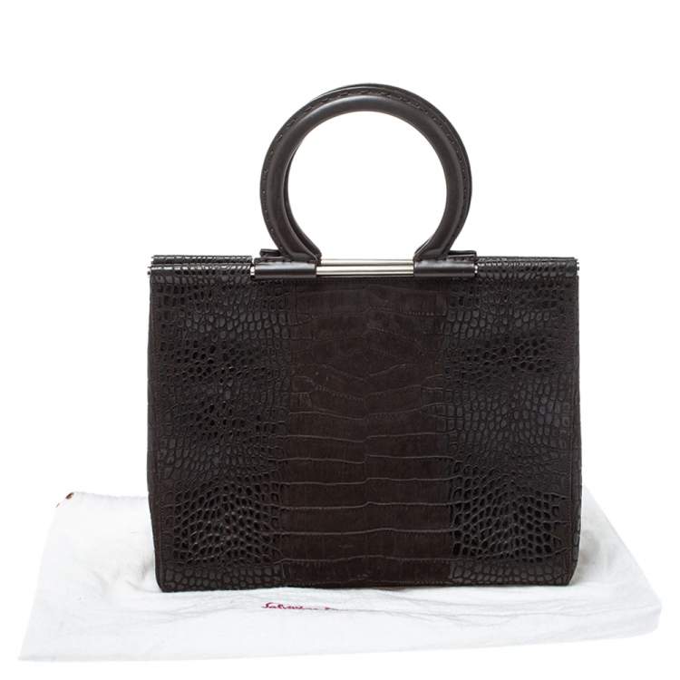 Pre Owned Salvatore Ferragamo Dark Brown Croc Embossed Nubuck Leather Gancio Handle Tote