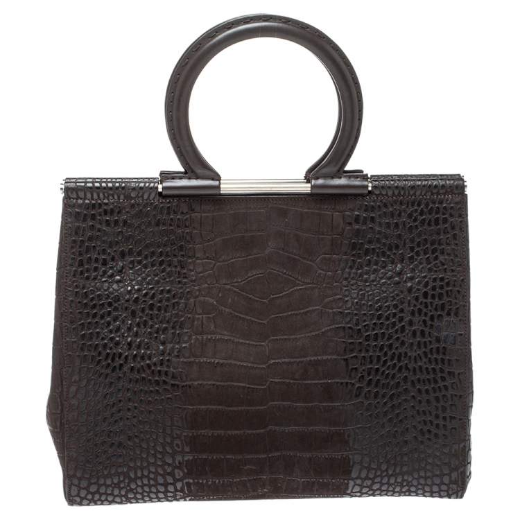 Pre Owned Salvatore Ferragamo Dark Brown Croc Embossed Nubuck Leather Gancio Handle Tote