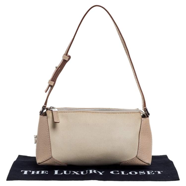Pre Owned Salvatore Ferragamo Beige Canvas and Leather Pochette Bag