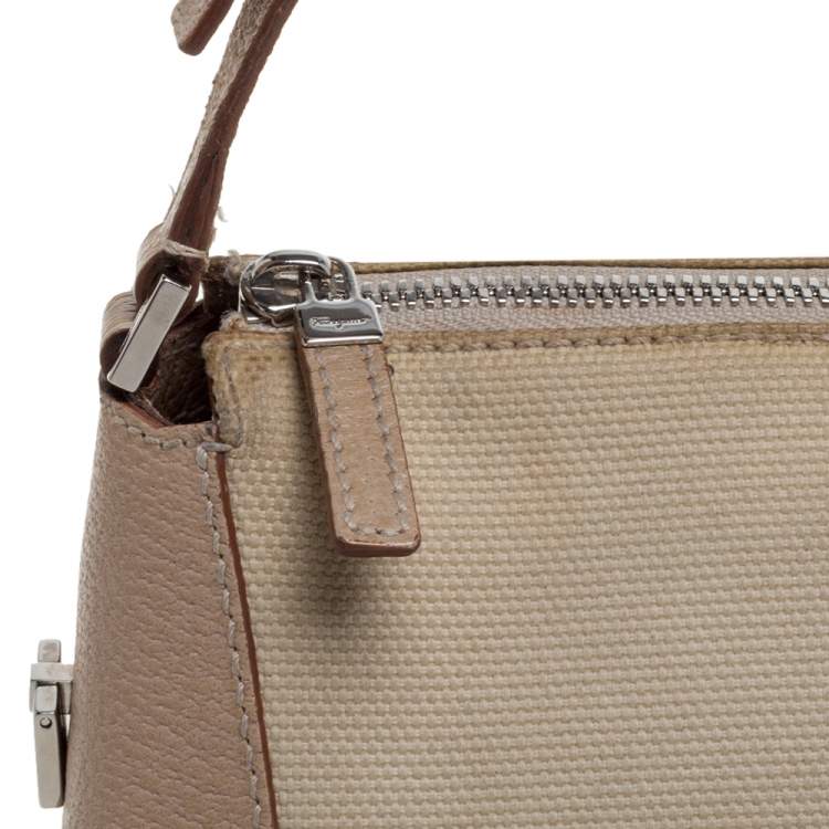 Pre Owned Salvatore Ferragamo Beige Canvas and Leather Pochette Bag