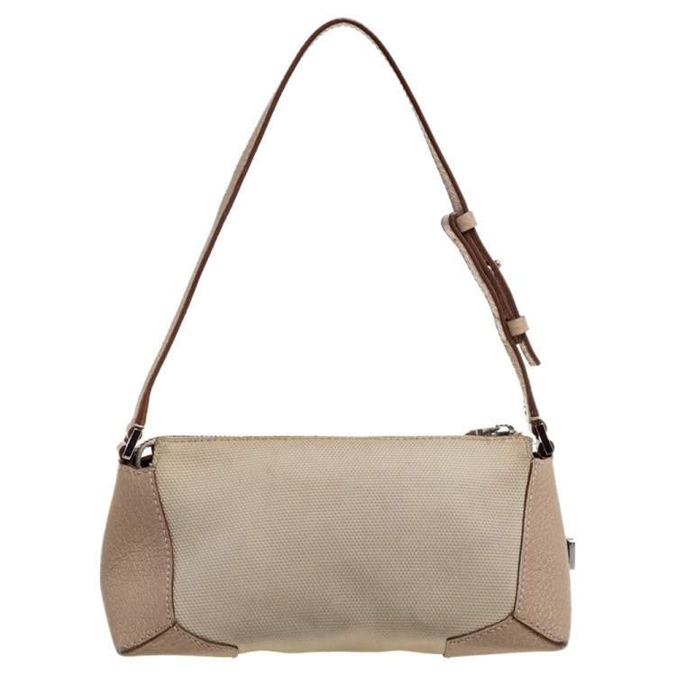 Pre Owned Salvatore Ferragamo Beige Canvas and Leather Pochette Bag