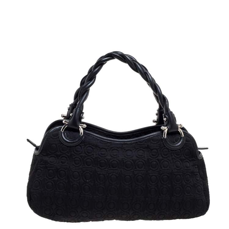 Pre Owned Salvatore Ferragamo Black Gancini Embossed Fabric and Leather Braided Handle Satchel