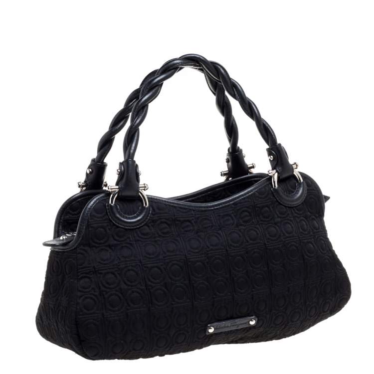 Pre Owned Salvatore Ferragamo Black Gancini Embossed Fabric and Leather Braided Handle Satchel