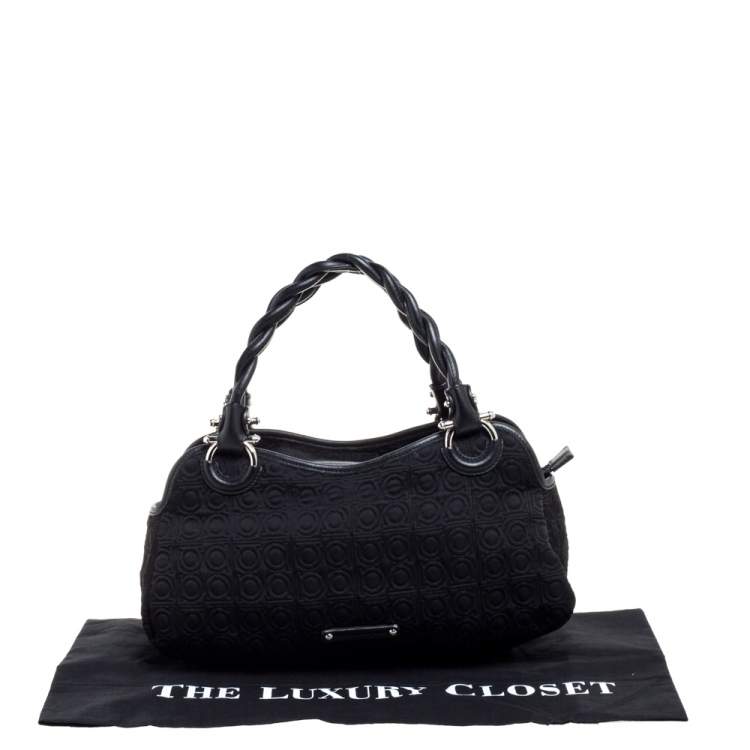 Pre Owned Salvatore Ferragamo Black Gancini Embossed Fabric and Leather Braided Handle Satchel