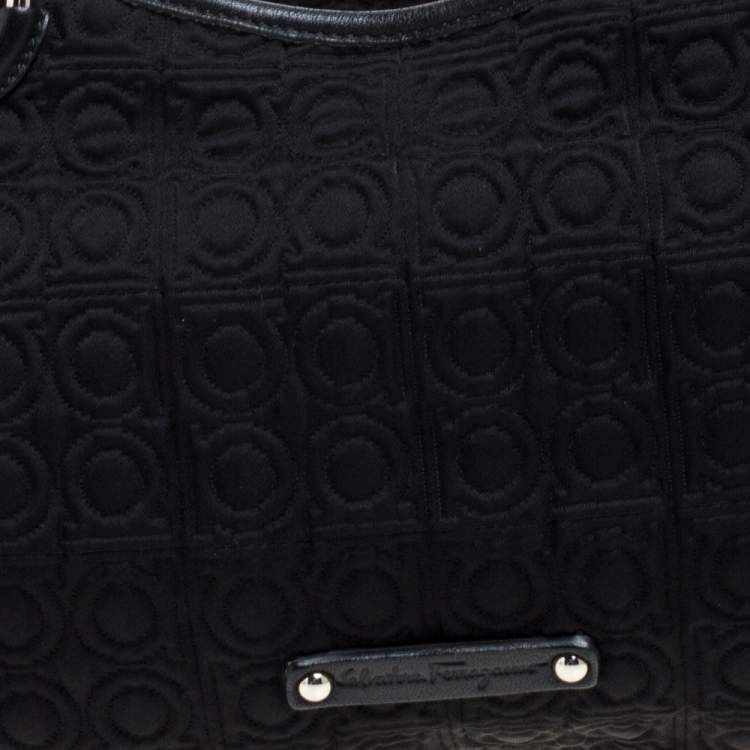 Pre Owned Salvatore Ferragamo Black Gancini Embossed Fabric and Leather Braided Handle Satchel