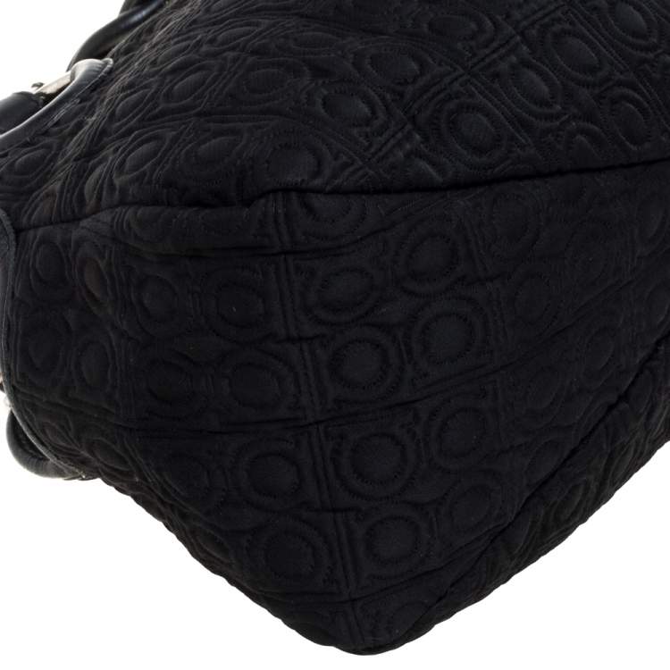 Pre Owned Salvatore Ferragamo Black Gancini Embossed Fabric and Leather Braided Handle Satchel