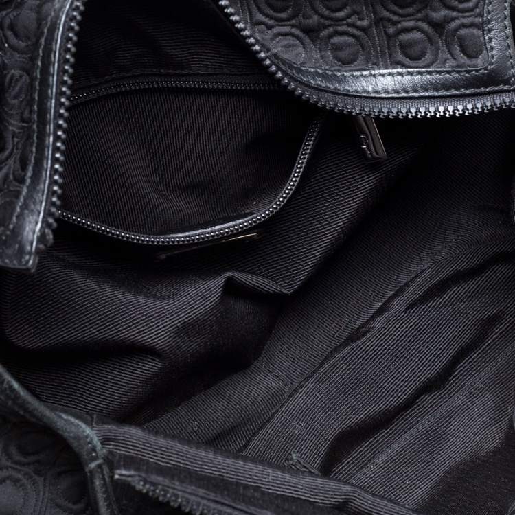 Pre Owned Salvatore Ferragamo Black Gancini Embossed Fabric and Leather Braided Handle Satchel
