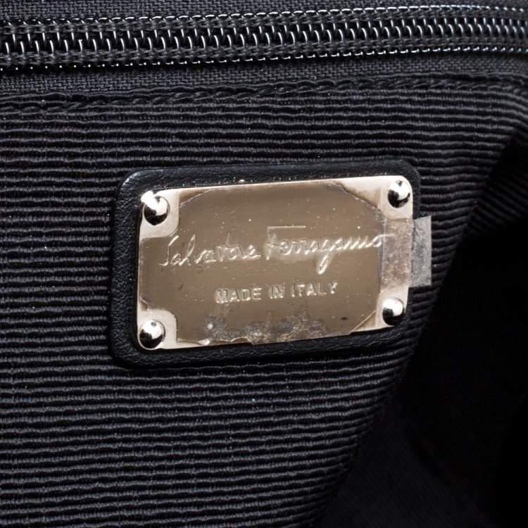 Pre Owned Salvatore Ferragamo Black Gancini Embossed Fabric and Leather Braided Handle Satchel