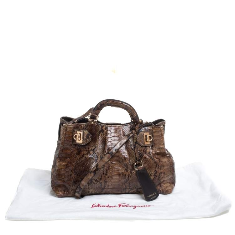 Pre Owned Salvatore Ferragamo Khaki Green Python Gancini Satchel