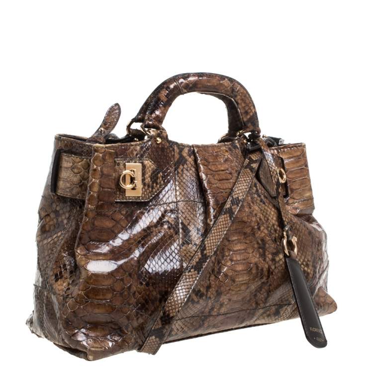 Pre Owned Salvatore Ferragamo Khaki Green Python Gancini Satchel