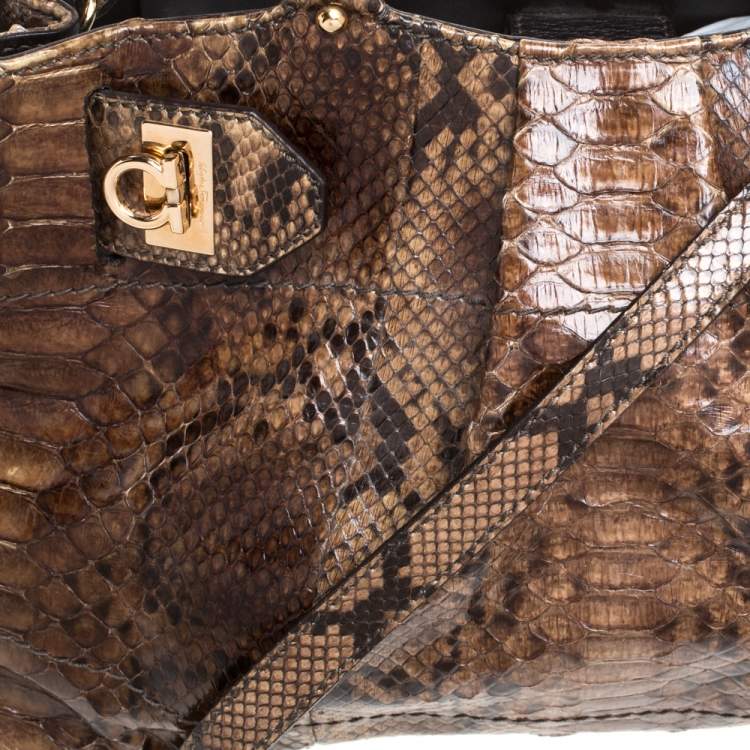 Pre Owned Salvatore Ferragamo Khaki Green Python Gancini Satchel