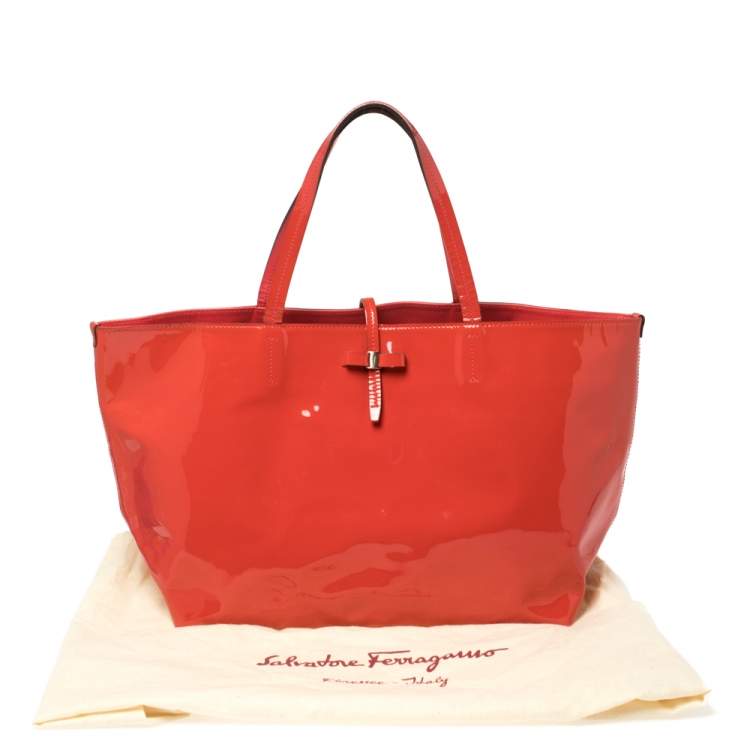 Pre Owned Salvatore Ferragamo Orange Patent Leather Bice Tote
