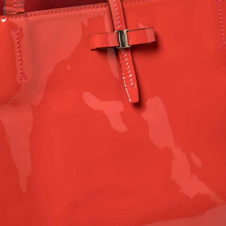 Pre Owned Salvatore Ferragamo Orange Patent Leather Bice Tote