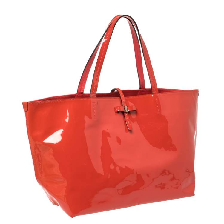 Pre Owned Salvatore Ferragamo Orange Patent Leather Bice Tote