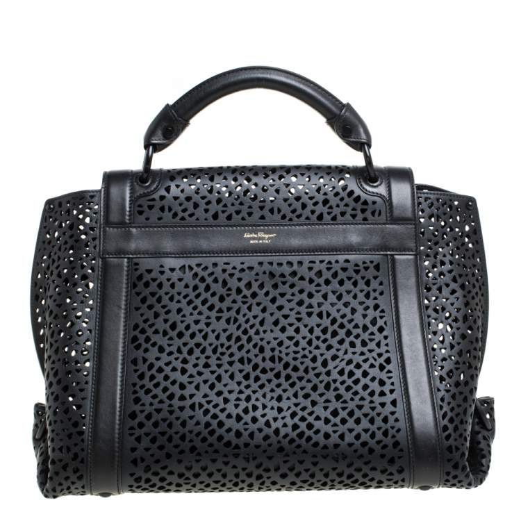 Pre Owned Salvatore Ferragamo Black Laser Cut  Leather Sofia Top Handle Bag