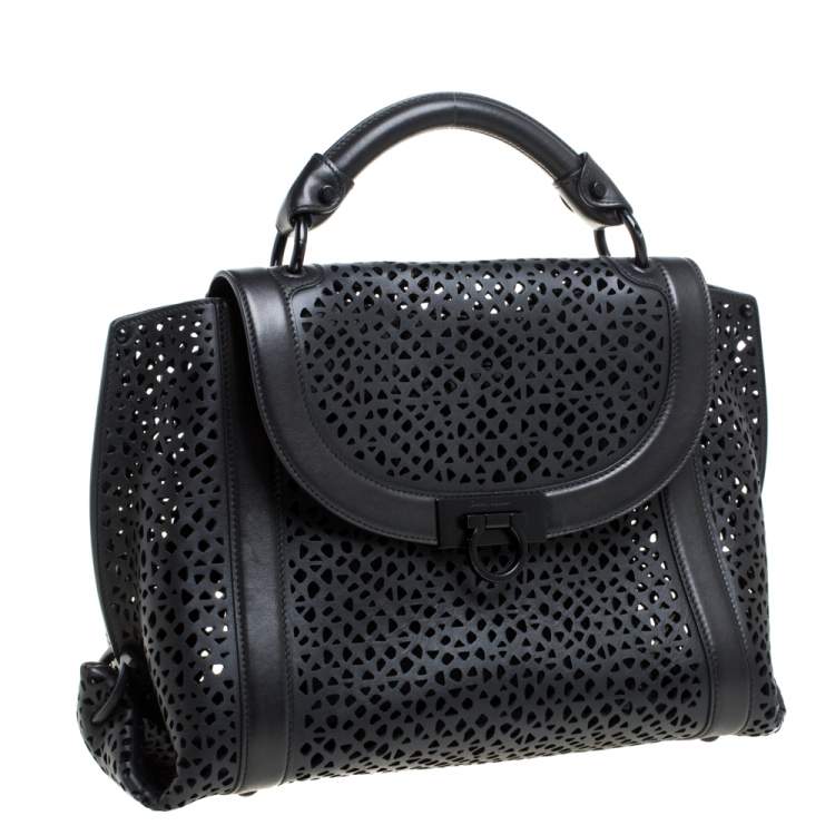 Pre Owned Salvatore Ferragamo Black Laser Cut  Leather Sofia Top Handle Bag