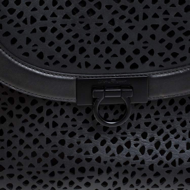 Pre Owned Salvatore Ferragamo Black Laser Cut  Leather Sofia Top Handle Bag