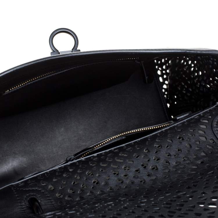 Pre Owned Salvatore Ferragamo Black Laser Cut  Leather Sofia Top Handle Bag