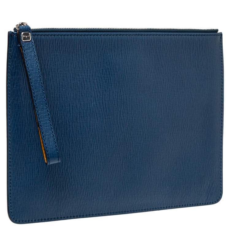 Pre Owned Salvatore Ferragamo Blue Leather Wristlet Zip Clutch