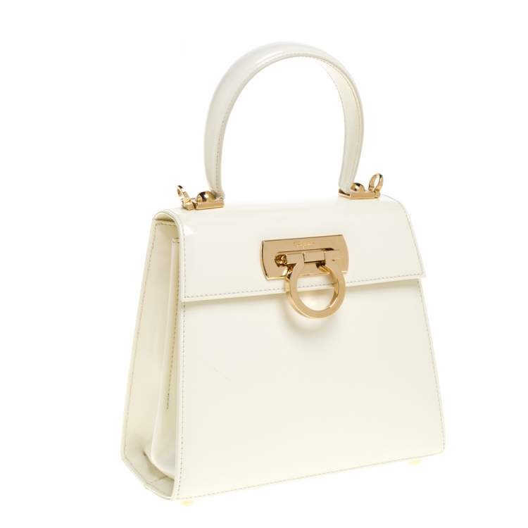 Pre Owned Salvatore Ferragamo Cream Patent Leather Kelly Top Handle Bag