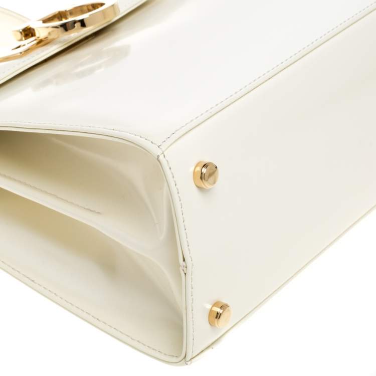 Pre Owned Salvatore Ferragamo Cream Patent Leather Kelly Top Handle Bag