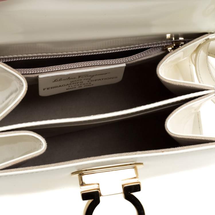 Pre Owned Salvatore Ferragamo Cream Patent Leather Kelly Top Handle Bag