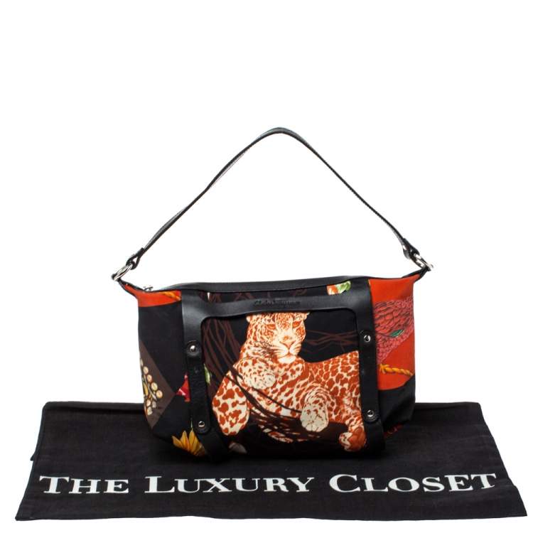 Pre Owned Salvatore Ferragamo Black Multicolor Printed Nylon Baguette Bag