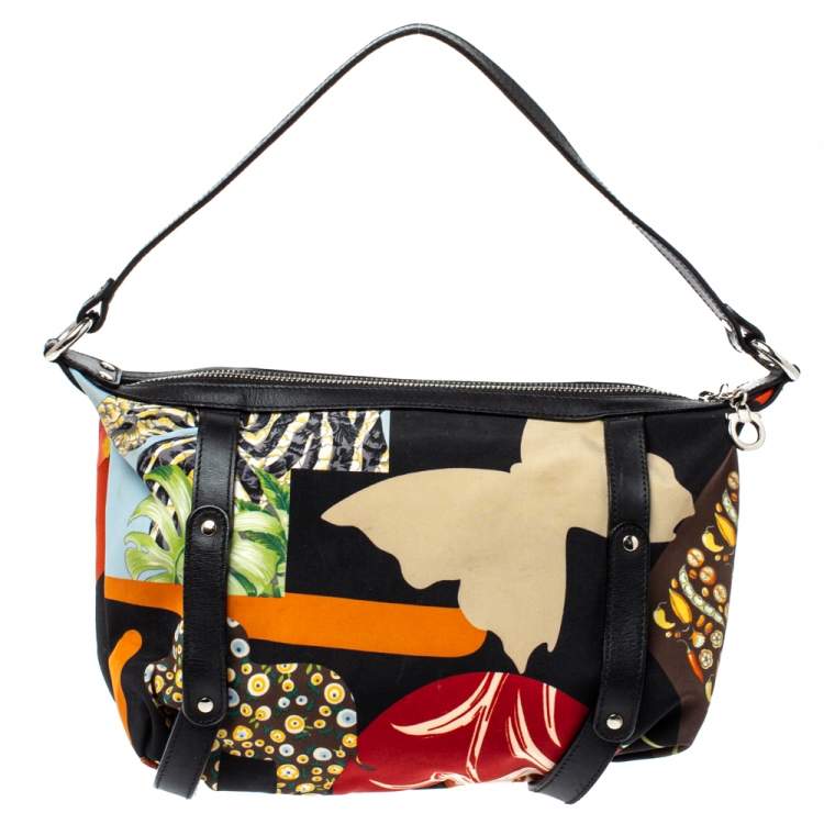 Pre Owned Salvatore Ferragamo Black Multicolor Printed Nylon Baguette Bag