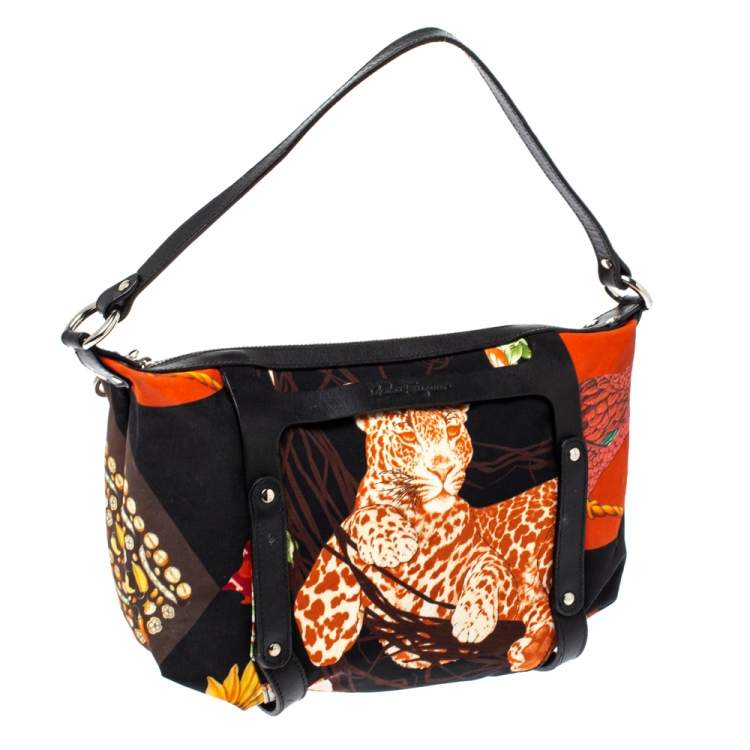 Pre Owned Salvatore Ferragamo Black Multicolor Printed Nylon Baguette Bag