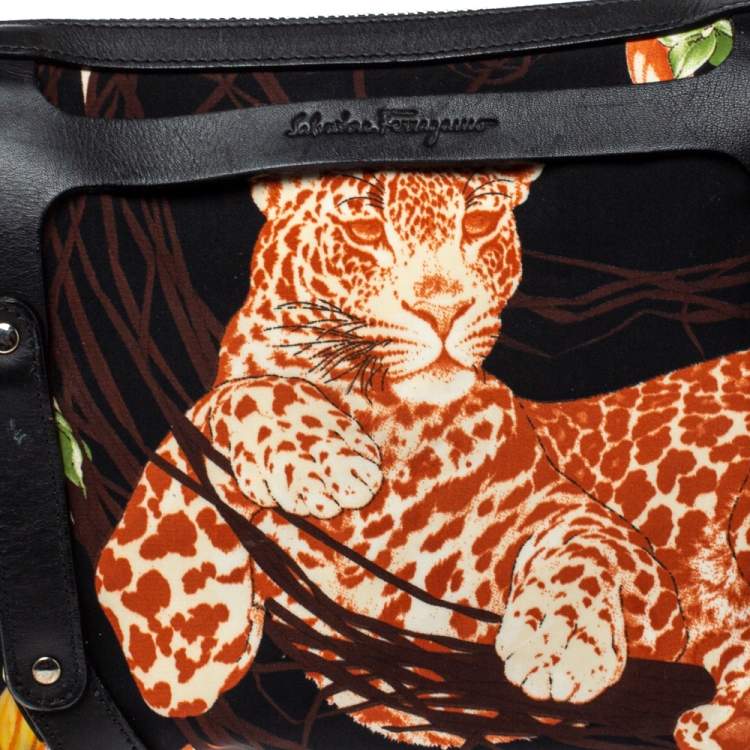 Pre Owned Salvatore Ferragamo Black Multicolor Printed Nylon Baguette Bag