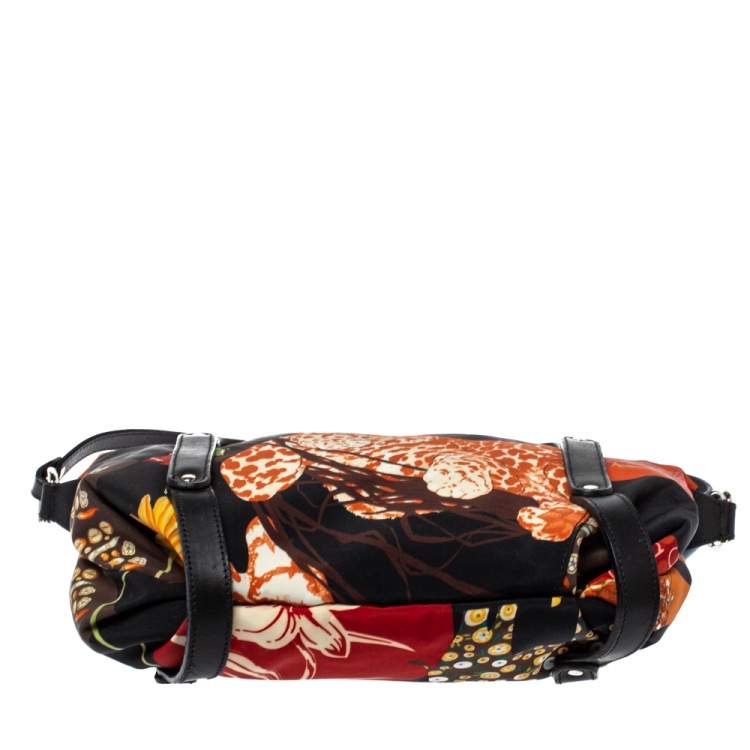 Pre Owned Salvatore Ferragamo Black Multicolor Printed Nylon Baguette Bag
