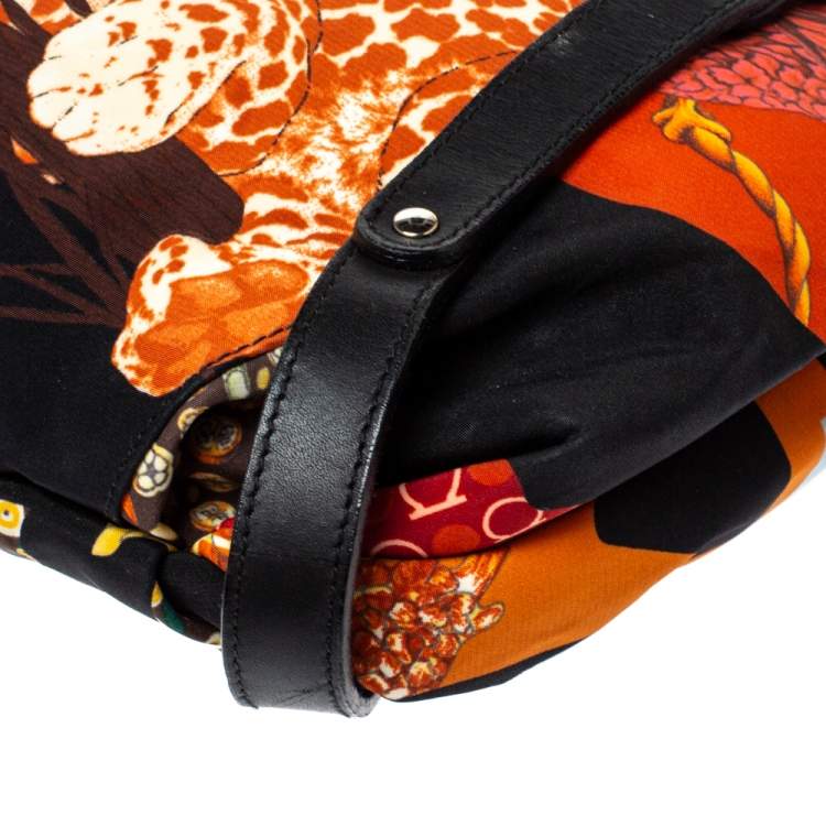 Pre Owned Salvatore Ferragamo Black Multicolor Printed Nylon Baguette Bag
