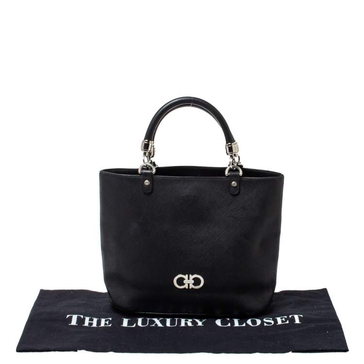 Pre Owned Salvatore Ferragamo Black Leather Double Gancio Tote