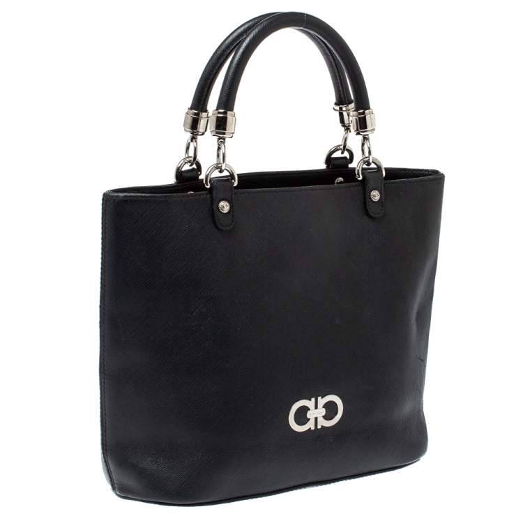 Pre Owned Salvatore Ferragamo Black Leather Double Gancio Tote