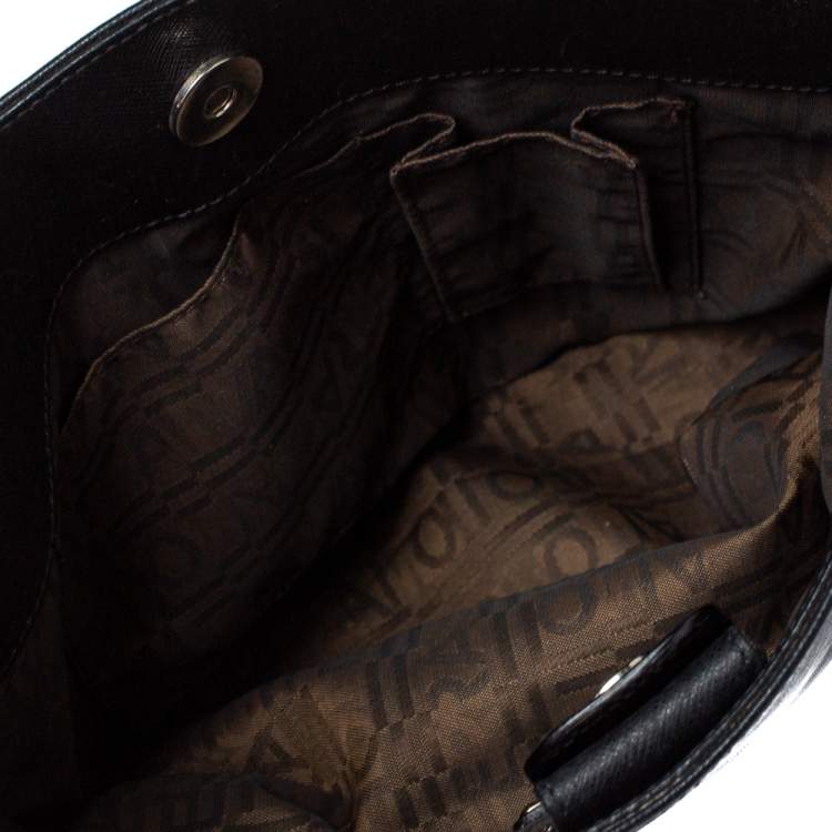 Pre Owned Salvatore Ferragamo Black Leather Double Gancio Tote