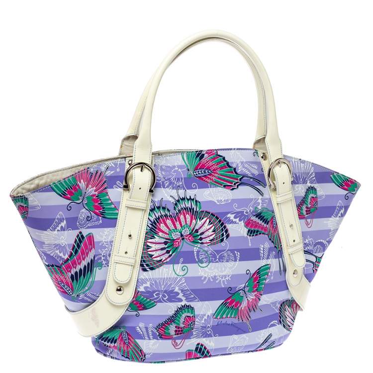 Pre Owned Salvatore Ferragamo Lavender/White Nylon and Patent Leather Buckle Shopper Tote