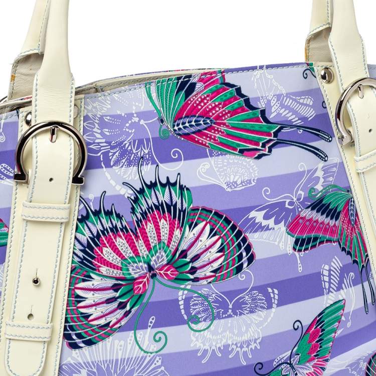 Pre Owned Salvatore Ferragamo Lavender/White Nylon and Patent Leather Buckle Shopper Tote